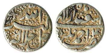 Akbar, Silver, Rupee, Ahmadnagar Mint, Allahu Akbar type, Isfandarmuz Month (KM 93.3). Orn