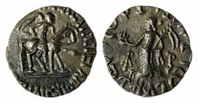 Indo-Scythians, Azilises, Silver, Drachm, horseman king to right on obv, Greek goddess wit