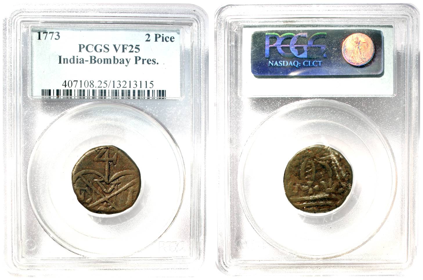 Bombay Mint, Copper, Double Paisa, bale mark on obv, crown on rev, 1773. Graded and slabbe