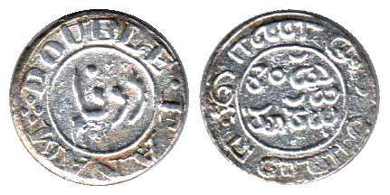 Fanam, Silver, 1st Issue, (AD 1807), buckled garter on obv, value in Persian as well as in