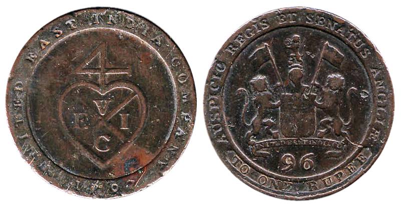 Copper Dub or 1/96-Rupee, 1797, Soho Mint, obv: United East India Company written under co