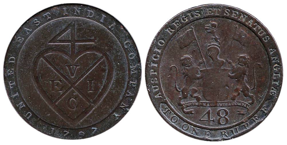 Copper, 1/48 Rupee, or Dub, arms on obv and bale mark on rev (KM# 398). About Very Fine, R