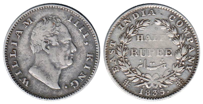 William IV, Silver, ½ Rupee, 1835, F Raised, 20 berries on rev,&nbsp;Calcutta Mint (Prid# 