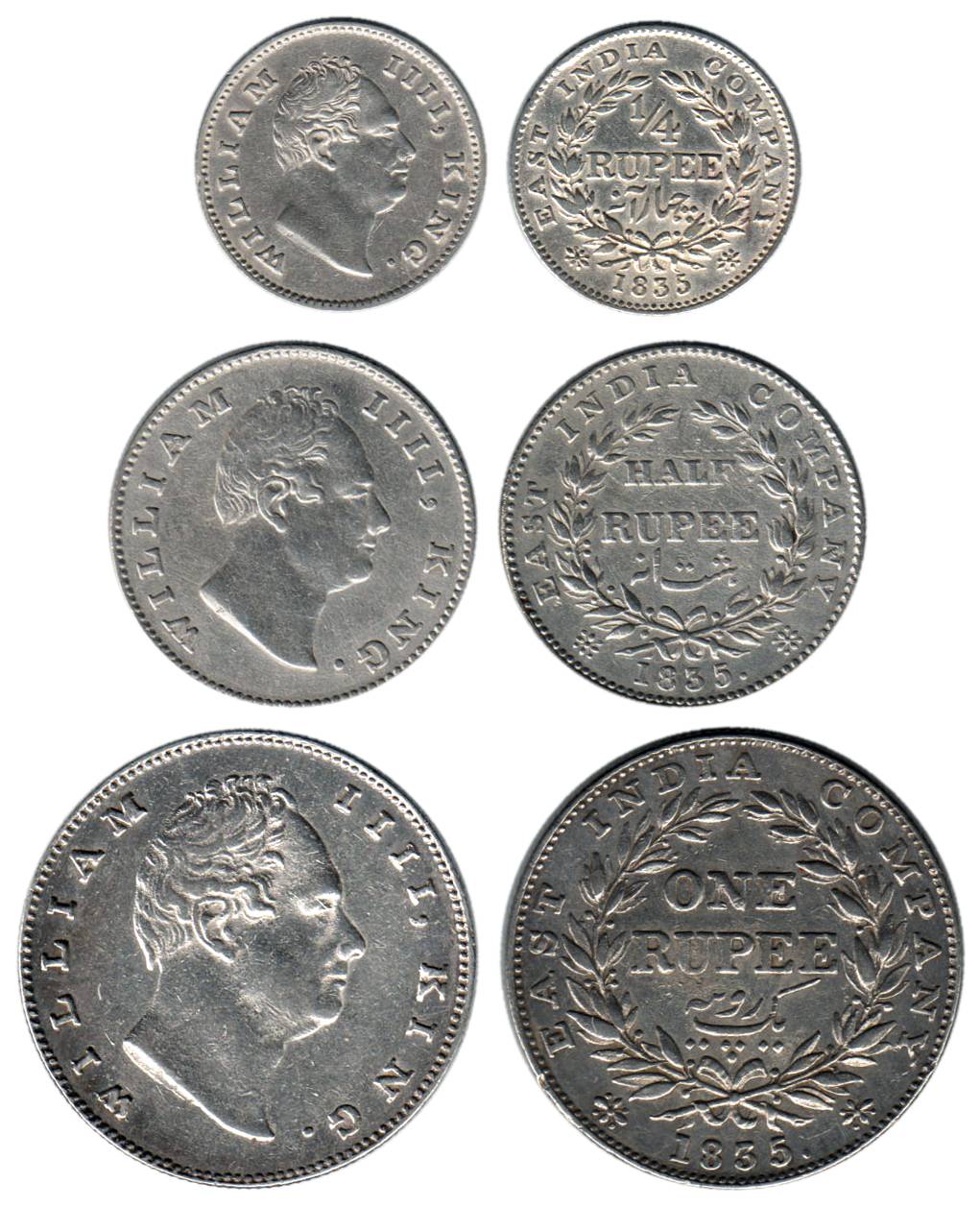William IV, Silver (3), Set of 3: Rupee, ½ and ¼ Rupee, 1835, Plain, and F Incused (2). Ve