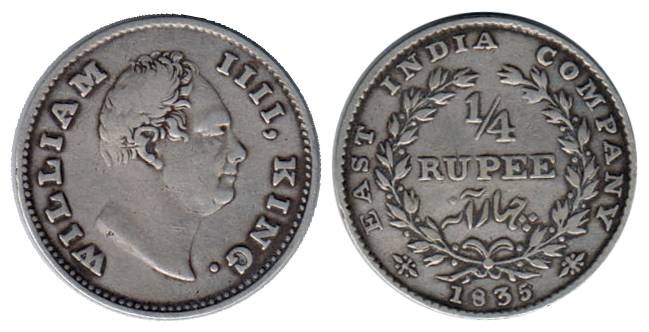 William IV, Silver, ¼ Rupee, 1835, F incused on obv, 20 berries on rev but no Dot after da