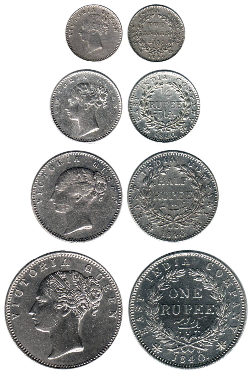 Victoria Queen, Silver (4), Set of 4: Rupee, ½, ¼ Rupee and 2 Annas, Continous Legend type