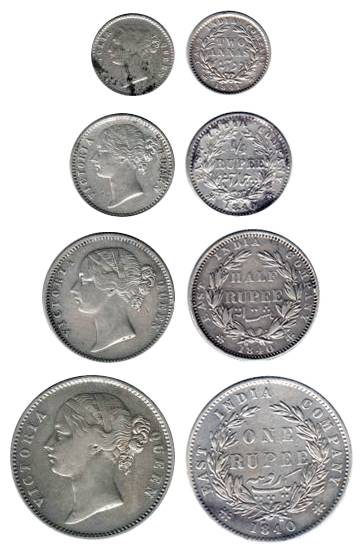 Victoria Queen, Silver (4), Set of 4: Rupee, ½, ¼ Rupee and 2 Annas, Divided Legend type, 