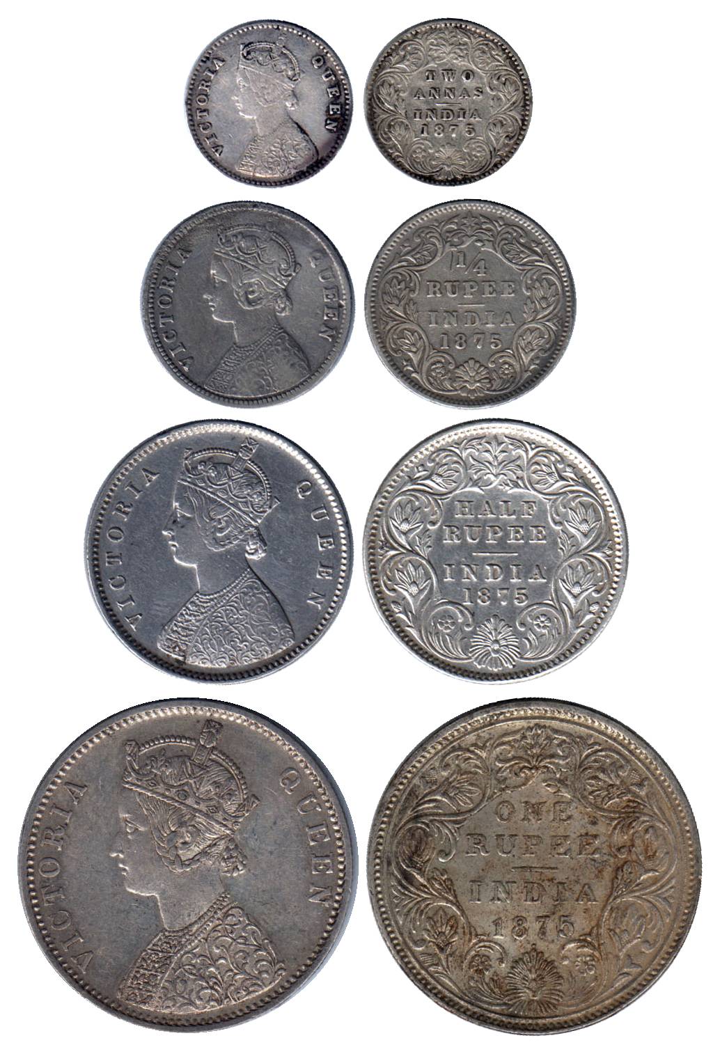 Victoria Queen, Silver (4), Set of 4: Rupee, ½, ¼ Rupee and 2 Annas, 1875. Very Fine+, Sca