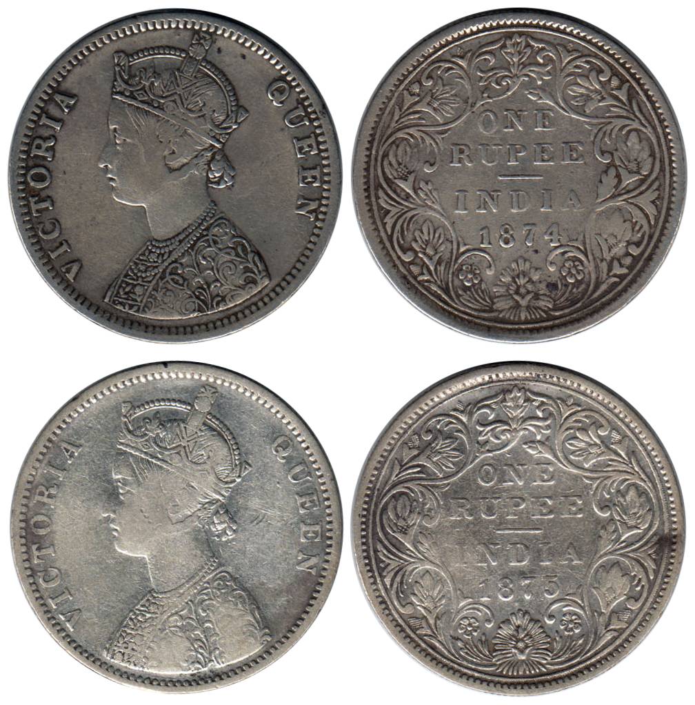 Victoria Queen, Silver (2), Rupee, 1874, Obv CI, Rev II, No Dot, 1875, Obv A2, rev II, No 