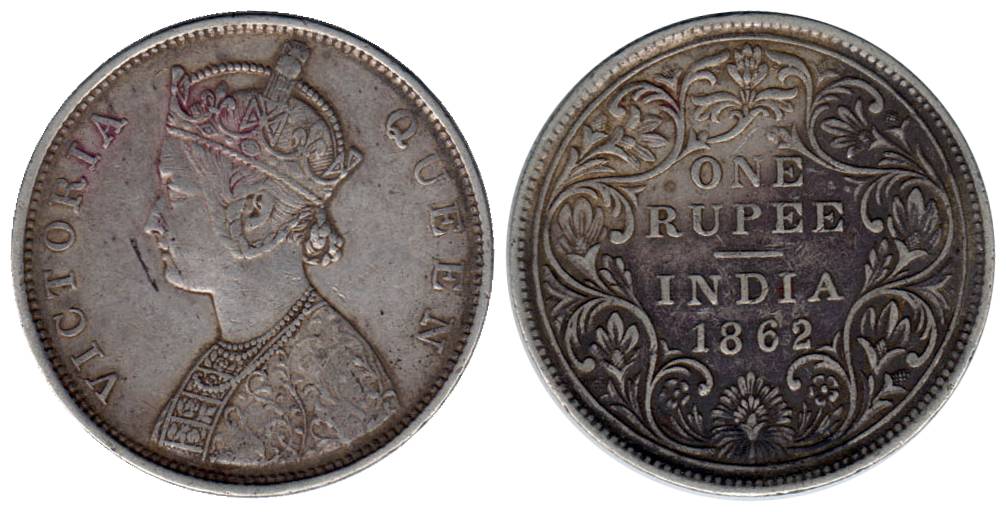 Victoria Queen, Silver, Rupee, 1862, Bombay Mint, Obv B, Rev II(a), 4 pineapple. About Ver