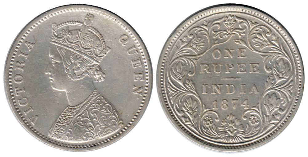 Victoria Queen, Silver, Rupee, 1874, Bombay Mint, Obv A2, Rev II, No Dot. About Extremely 