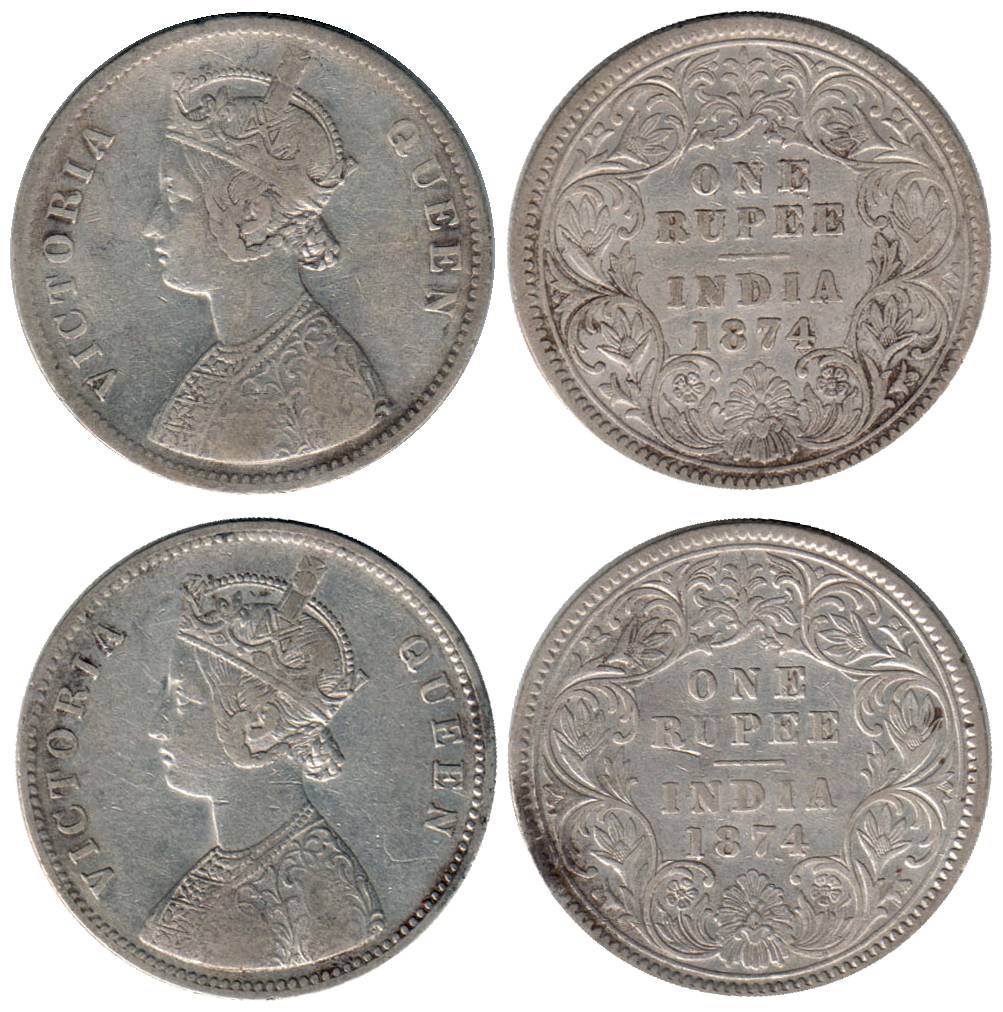 Victoria Queen, Silver (2), Rupee, 1874, Calcutta Mint, Obv A1, Rev I, No mint mark. About
