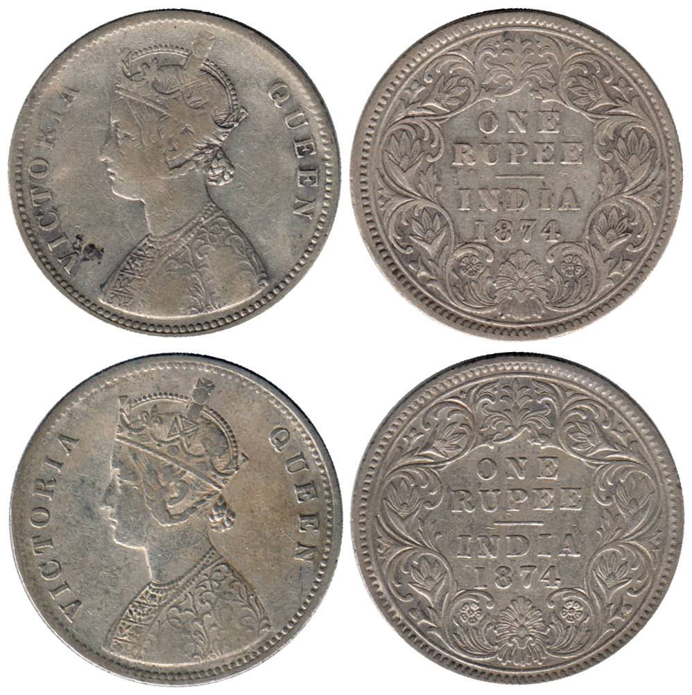 Victoria Queen, Silver (2), Rupee, 1874, Calcutta Mint, Obv A1, Rev I, No mint mark. About