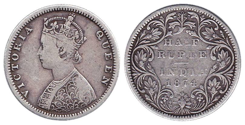 Victoria Queen, Silver, ½ Rupee, 1874. Fine+, Scarce.