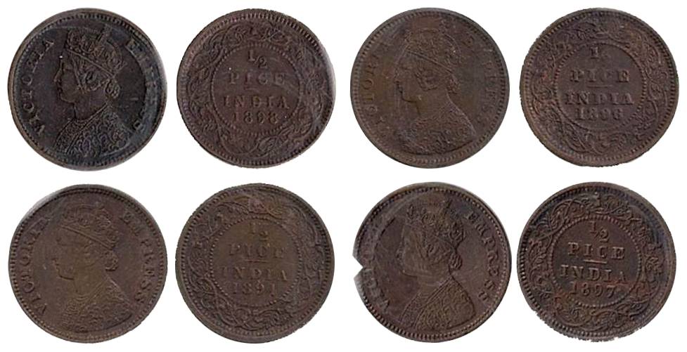 Victoria Queen, Copper (4), ½ Pice, 1894, 1896, 1897 and 1898, Calcutta Mint. Extremely Ra
