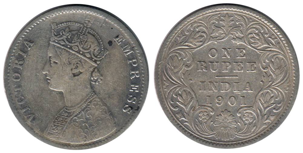 Victoria Empress, Silver, Rupee, 1901, obv A4, Rev I, C incused type. Fine+, Extremely rar