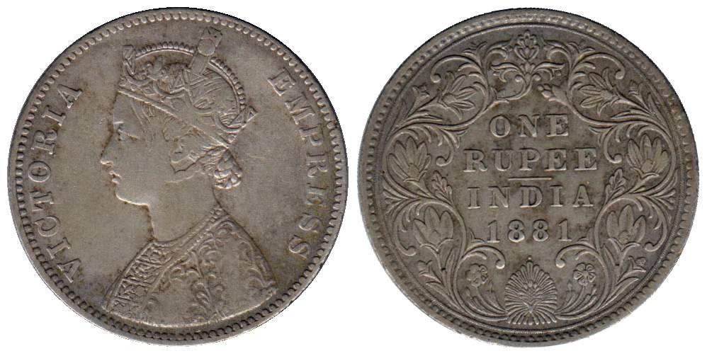 Victoria Empress, Silver, Rupee, 1881, Bombay Mint, obv A3, Rev IV, with dot. Fine+, Rare.