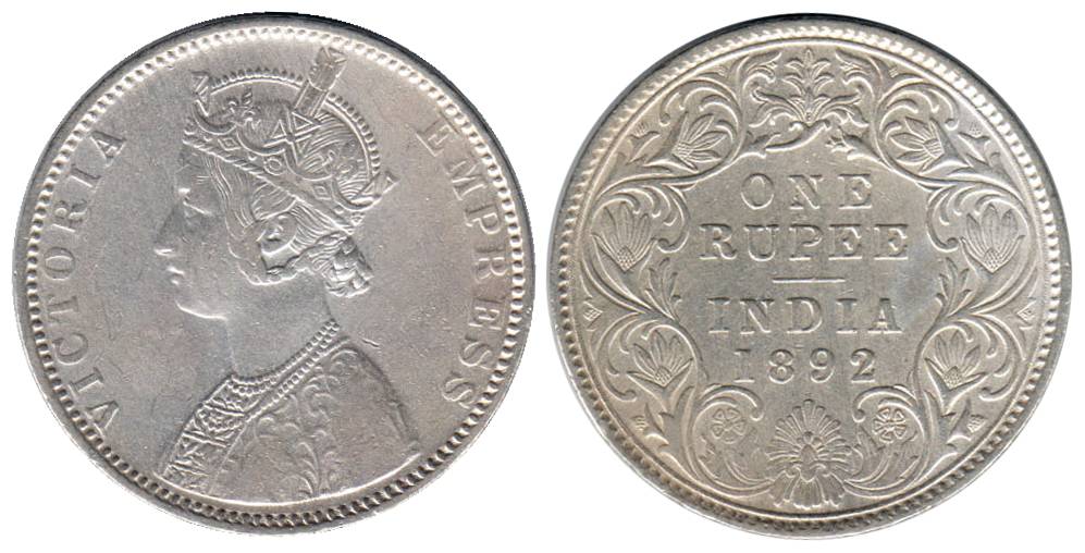 Victoria Empress, Silver, Rupee, 1892, Bombay Mint, B raised, obv C2, Rev I. Fine, Scarce.