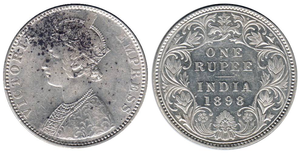 Victoria Empress, Silver, Rupee, 1898, Bombay Mint, B Incused, obv C2, Rev I. About Extrem