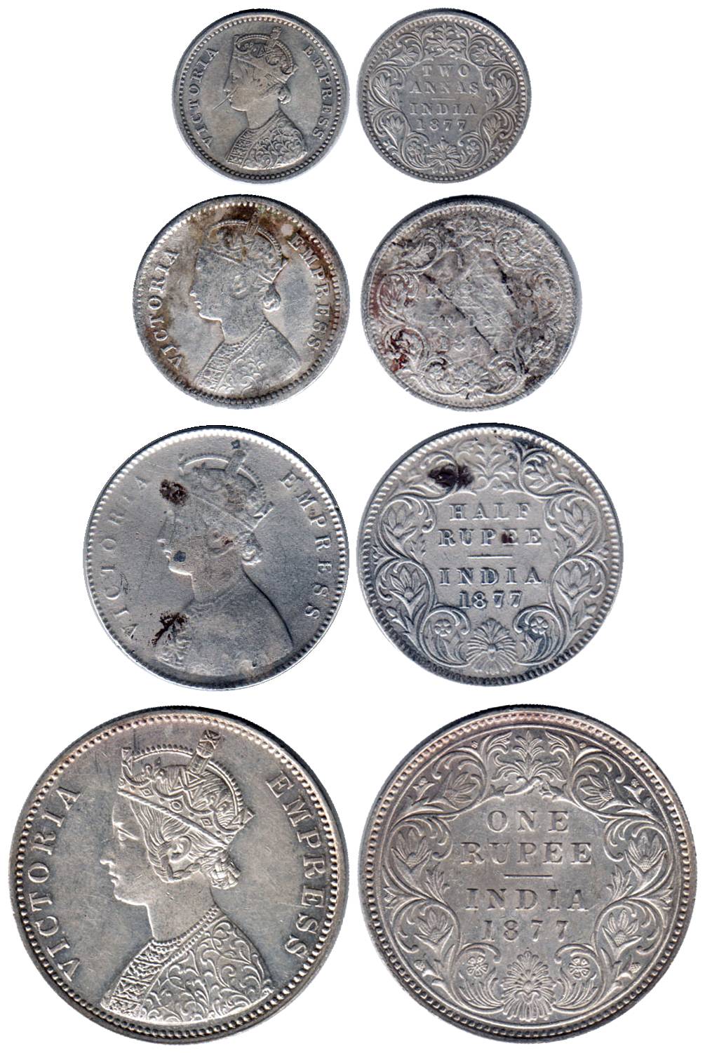Empress, Silver (4), Set of 4: Rupee, ½, ¼ Rupee and 2 Annas, 1877. Very Fine+ to Extremel