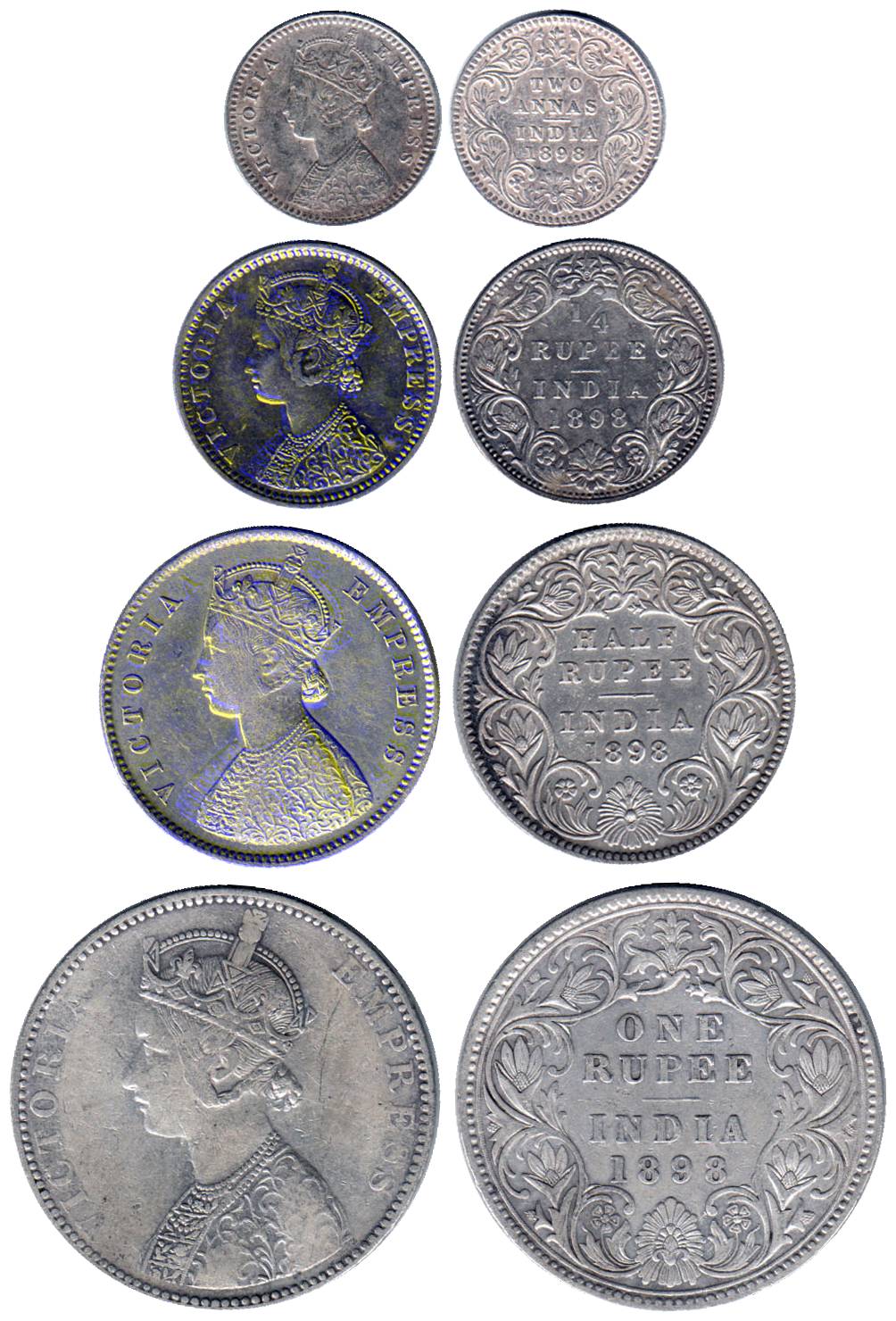 Victoria Empress, Silver (4), Set of 4: Rupee, ½, ¼ Rupee and 2 Annas, 1898. Very Fine+ to