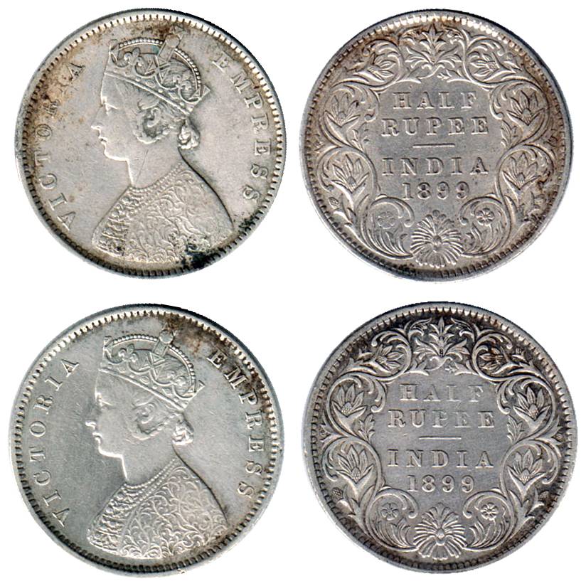 Empress, Silver (2), ½ Rupee, 1899, Obv A, Rev I, Inverted B incused on rev (Prid 307). Ve