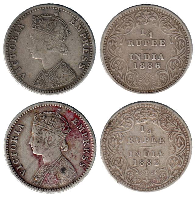Empress, Silver (2), 1/4Rupee, 1882, with Dot, Bombay Mint, 1886, B raised, Bombay Mint. V