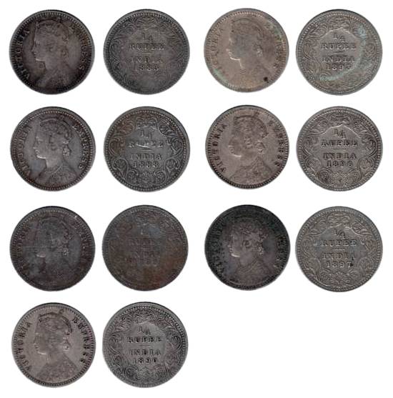 Victoria Empress, Silver (7), ¼ Rupee, 1883, 1888, 1889, 1890, 1893, 1896 and 1897. Fine+ 
