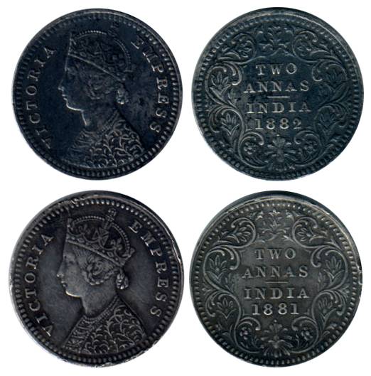 Victoria Empress, Silver (2), 2 Annas, 1881, Bombay Mint, with Dot, 1882, Bombay Mint, wit