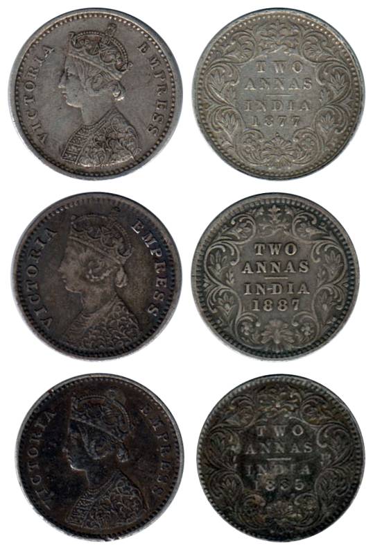Victoria Empress, Silver (3), 2 Annas, 1877, with Dot; 1885, B Raised, and 1887, B Incused