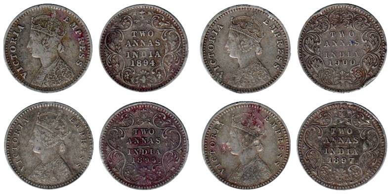 Victoria Empress, Silver (10), 2 Annas, 1886, 1889 (2), 1890 (2), 1894, 1895, 1897 (2), 19