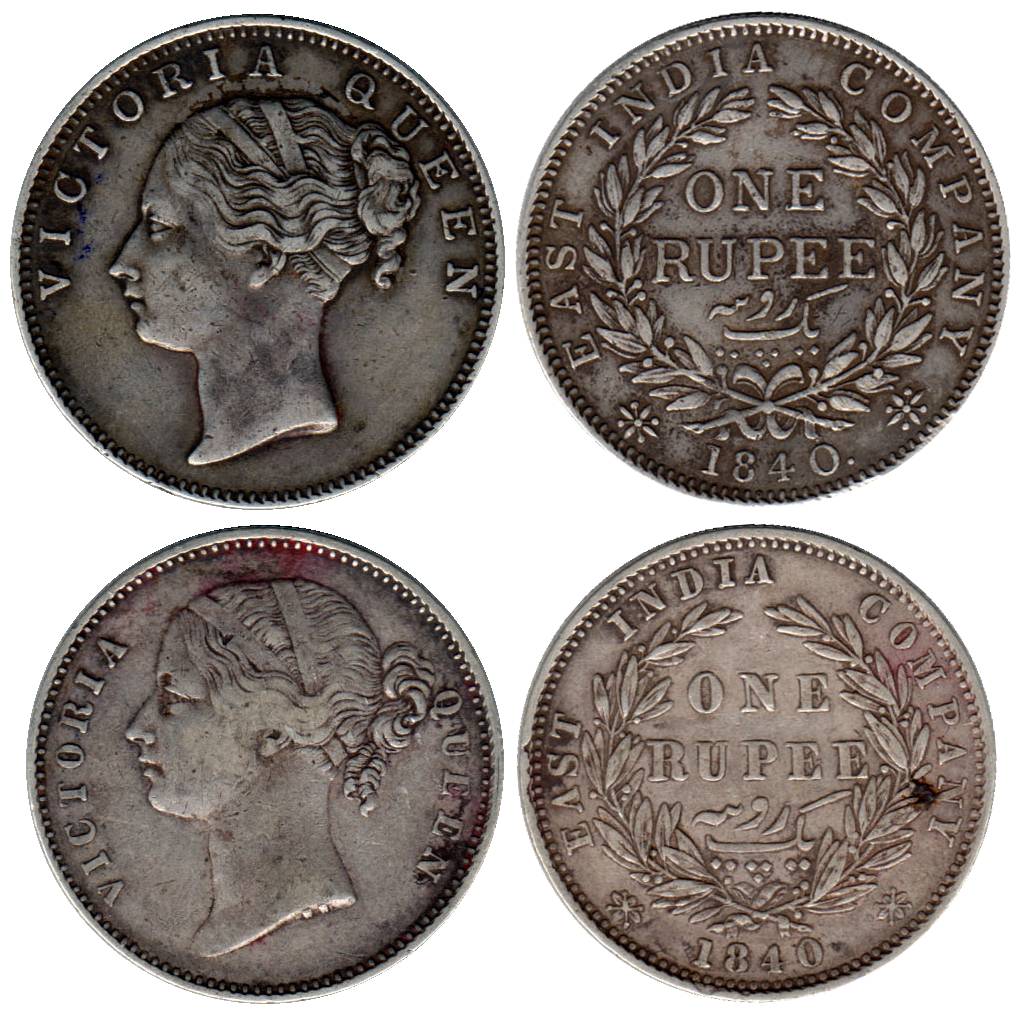 Queen &amp; Empress, Silver (2), Rupee, Continous and Divided legends, 1840, obv Short Nec