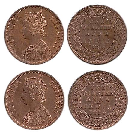 Victoria Empress, Copper (5), ¼ Anna, 1886. UNC, Scarce. 5 coins