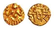 Hoyasalas, Gold, Fanam, a goddess seated cross legged on obv, Garuda standing, facing righ