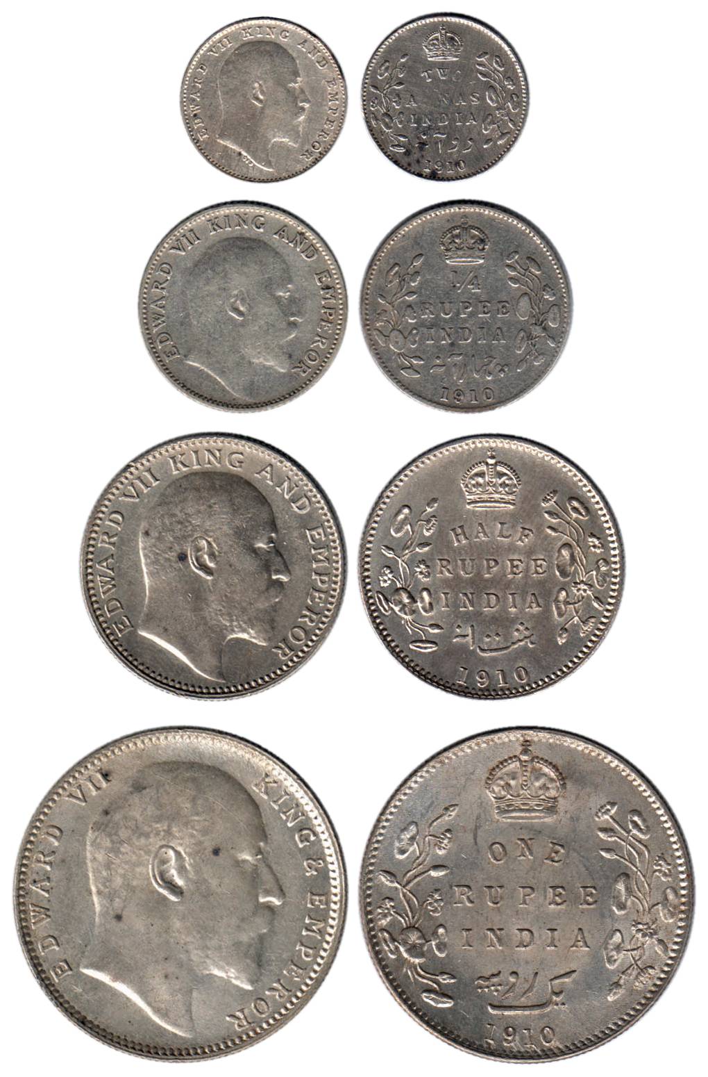 Edward VII, Silver (4), Set of 4: Rupee, ½, ¼ Rupee, and 2 Annas, 1910. Almost UNC, Scarce