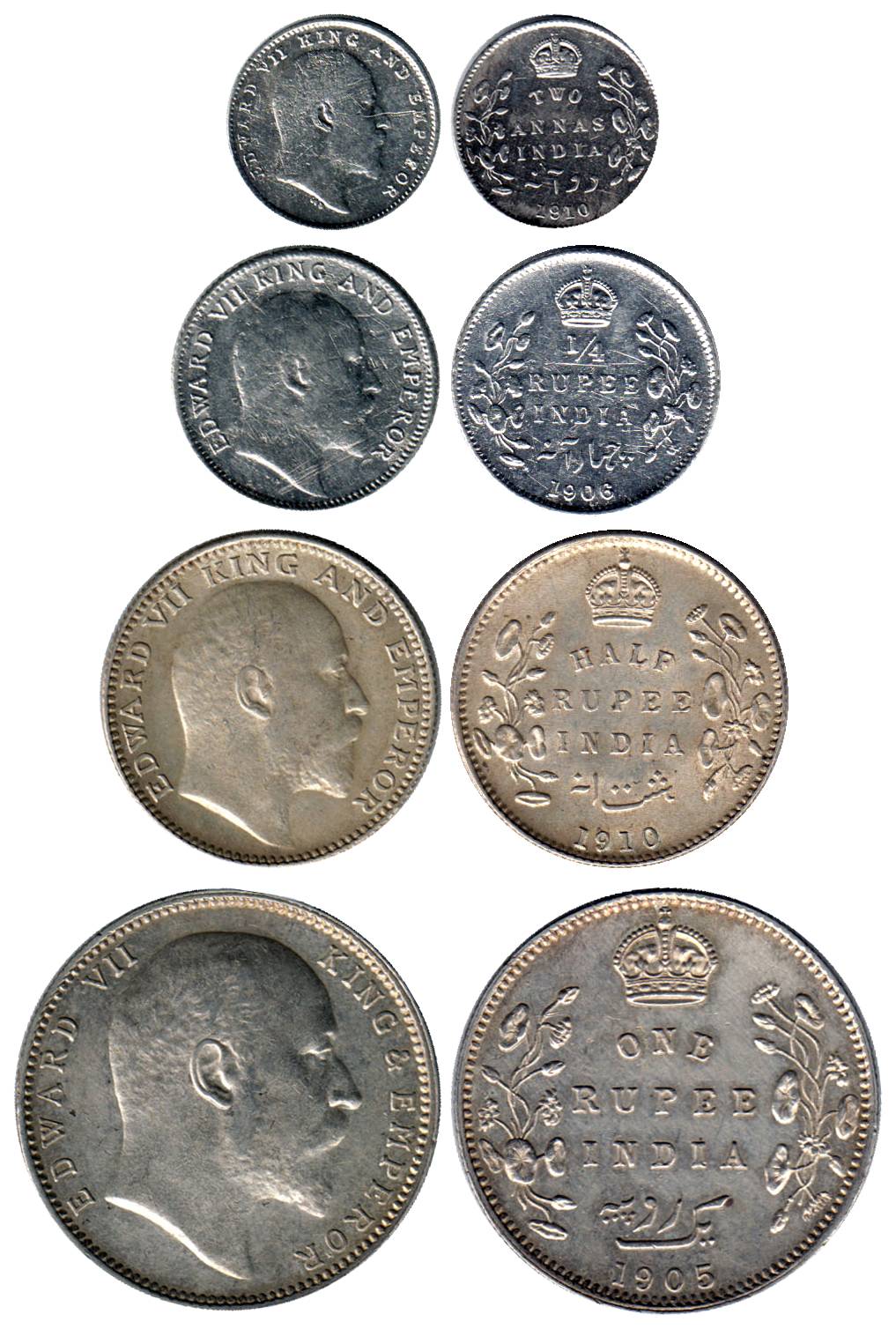 VII, Silver (4), Set of 4; Rupee, 1905, ½ Rupee, 1910(Bombay mint), ¼ Rupee, 1906, and 2 A