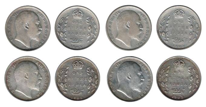 Edward VII, Silver (4), Rupee, 1903 with B raised (2); 1903 with B Incused but without Dot