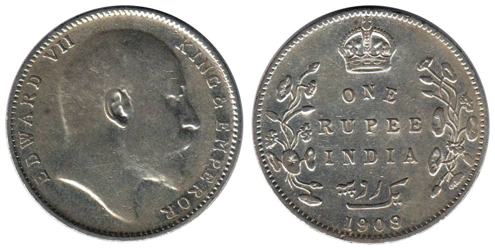 Edward VII, Silver, Rupee, 1909, B incused and Dot, the digit o 9 is struck on 8. Very Fin