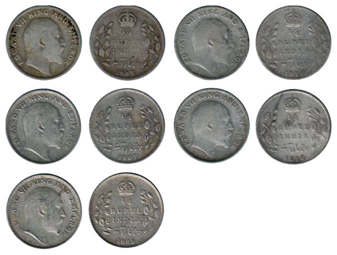 Edward VII, Silver (9), ¼ Rupee, 1904, 1905, 1906 (2), 1907, 1908 (2) and 1910 (2). Fine t