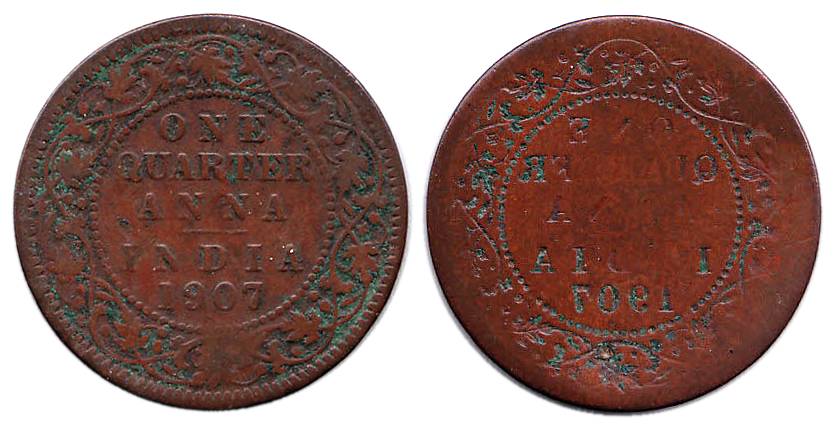 VII, Copper, ¼ Anna, 1907, Lakhi of rev type. Fine+, Rare.