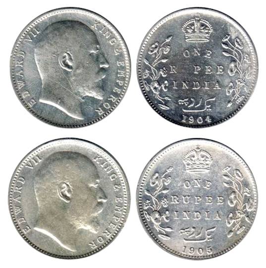 Edward VII, Silver (8), Rupee, 1903 to 1910 (Prid 189, 200, 201, 192, 203, 194, 205 &amp; 