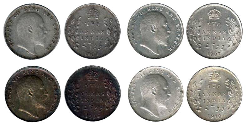 Edward VII, Silver (10), 2 Annas, 1903, 1904, 1905 (3), 1907 (2), 1908, 1910. All Calcutta