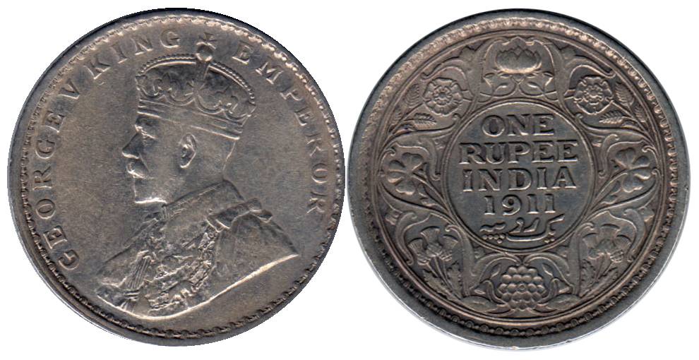 George V, Silver, Rupee, 1911 Pig Rupee, Calcutta Mint, without Dot. Very Fine, Scarce.