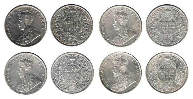 George V, Silver (7), Rupee, 1917, 1918 (4), 1919 (2). All Bombay mint, About UNC to UNC. 