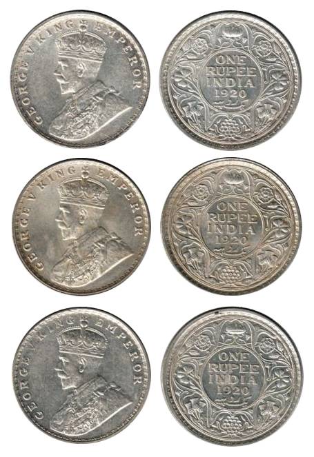 George V, Silver (4), Rupee, 1920, Bombay Mint, with Dot. About UNC to UNC. 4 coins