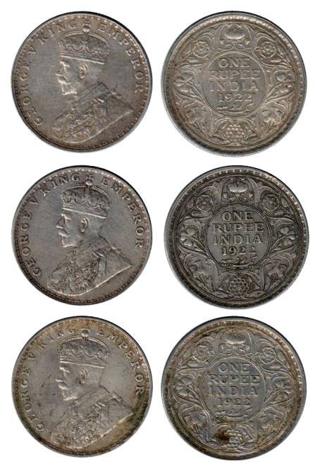 George V, Silver (3), Rupee, 1922, Bombay Mint, with Dot. Very Fine. 3 coins