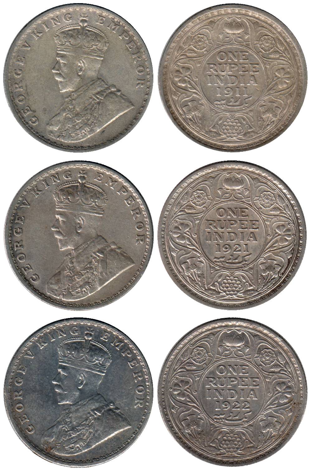 George V, Silver (3), Rupee, 1911, 1921 and 1922, Calcutta, Bombay and Bombay Mints. Very 