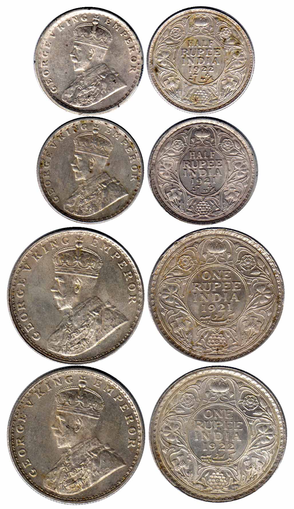 George V, Silver (2), Set of 2: Rupee &amp; ½ Rupee, 1921, 1922. ¼ Rupee and 2 Annas were 