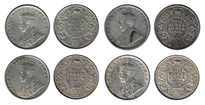 George V, Silver (7), ½ Rupee, 1917, Bombay Mint, 1918 Bombay mint, 1919 Bombay Mint, 1921
