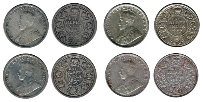 George V, Silver (10), ½ Rupee, 1912 (2), 1916, 1918, 1919, 1921, 1923, 1929, 1933 and 193